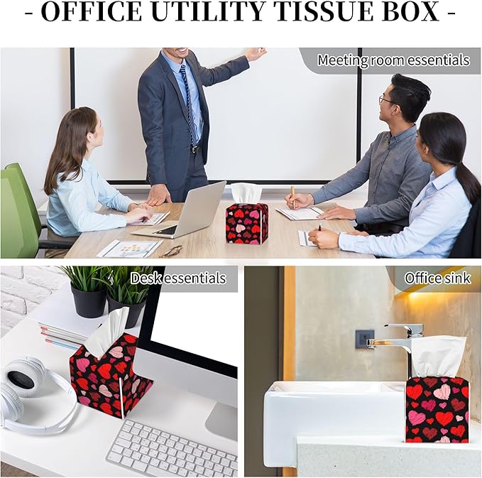 Tissue Box Cover, Colorful Hearts Pu Leather Square Tissue Box Cover Case Organizer Cube Box Holder for Bathroom Vanity Countertop, Night Stands, Office Desk & Car 5.2X5.2X5.2''