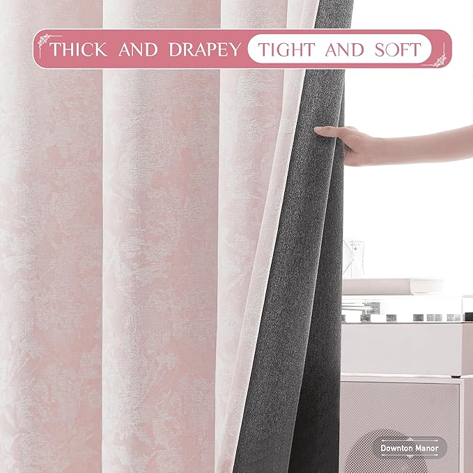 Beauoop Pink Floral Jacquard Blackout Curtains 96 Inches Long 2 Panels for Girls Bedroom Living Room Chenille Flower Room Darkening Thermal Insulated Soundproof Rod Pocket Back Tab Window Drapes 52x96