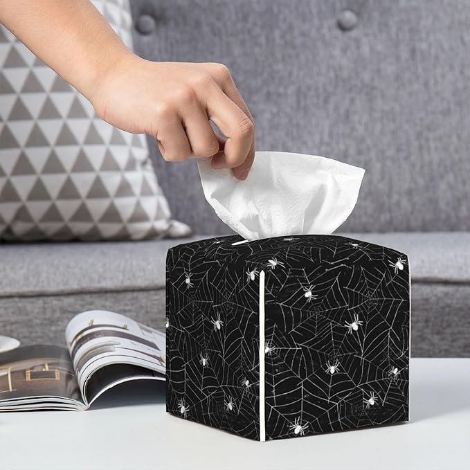 POIUBLE Leather Tissue Box Holder Spider Web Tissue Box Cover Square Waterproof Tissue Holder Organizer Modern Napkin Holder for Bedroom Dresser Night Stand Office Desk