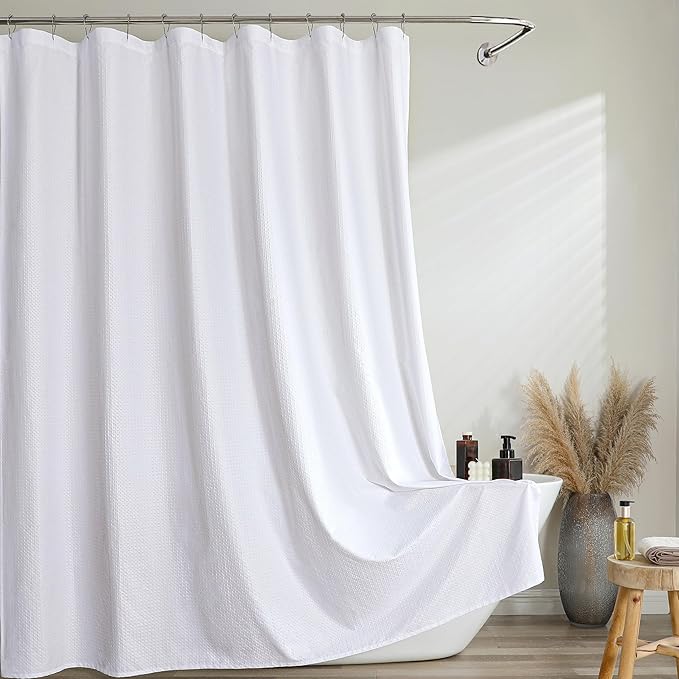EBESTO White Shower Curtain 72 Inch Length 1 Piece, Waffle Embossed Textured Soft Fabric Hotel Shower Curtain for Bathroom, Modern Polyester Water Repellent Machine Washable Bath Decor, 72Wx72L Inches
