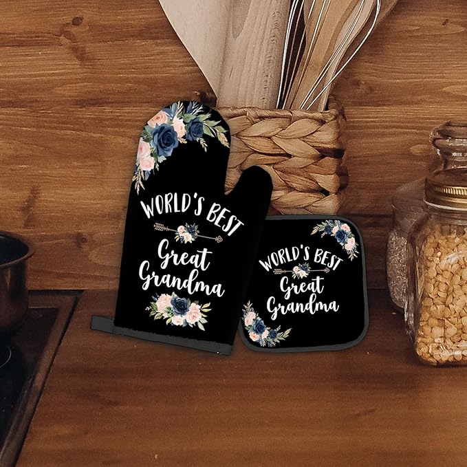 Great Grandma Gifts Oven Mitts and Pot Holders Sets, Gifts for Great Grandma Kitchen Decor Accessories Sets, World’s Best Great Grandma Heat Resistant Oven Glove Potholders for Kitchen Cooking
