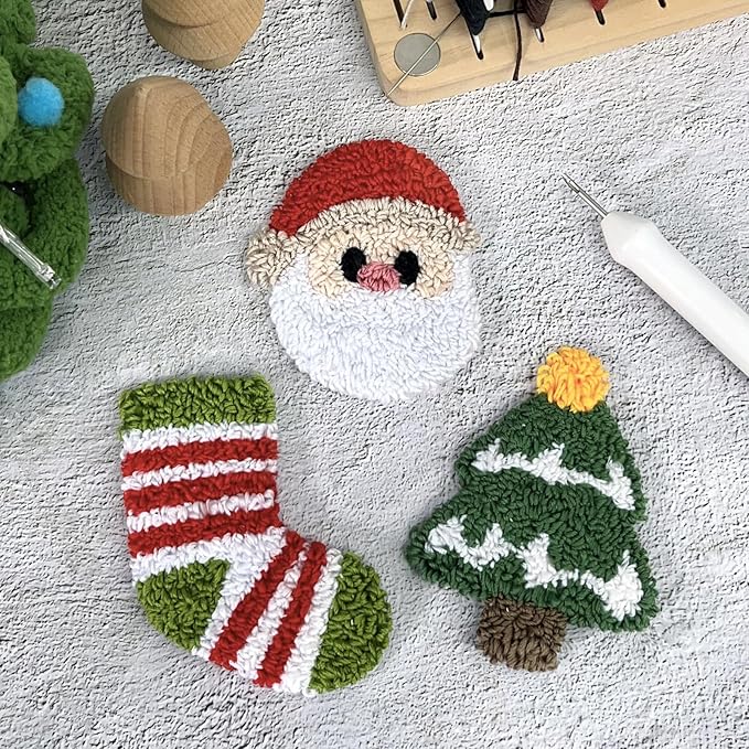 HAND U JOURNEY 3Pcs Embroidery Punch Needle Fridge Magnet Kit (Non-Magnetic), Original Design with 2.2mm Punch Tool, Threads and Hoop (X'Mas)