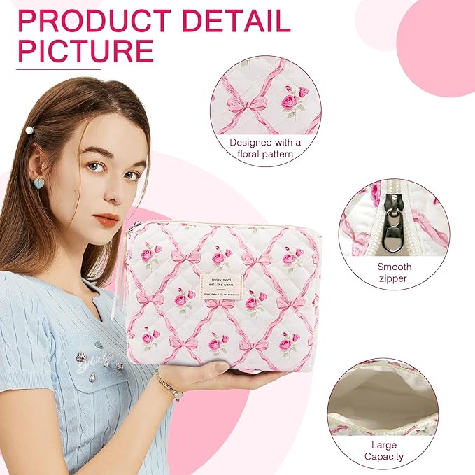 Gosect Floral Makeup Bag, Small Cosmetic Bag for Women Girls, Cute Cotton Makeup Bag, Quilted Makeup Bags, Flower Travel Toiletry Organizer Bag(Pink bow ties)