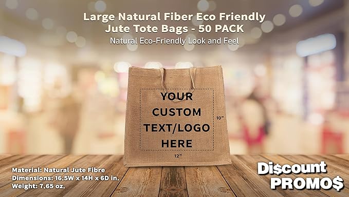 DISCOUNT PROMOS 50 Large Jute Tote Bags Set - Customizable Text, Logo - Sturdy, Recyclable, Reusable, Simple - Natural