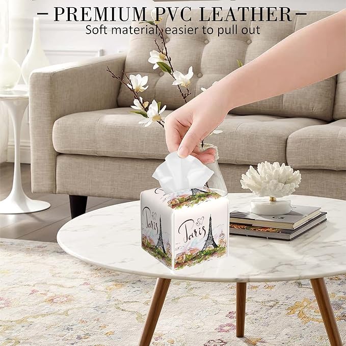 POIUBLE Leather Tissue Box Holder Paris Eiffel Tower Tissue Box Cover Square Waterproof Tissue Holder Organizer Modern Napkin Holder for Bedroom Dresser Night Stand Office Desk