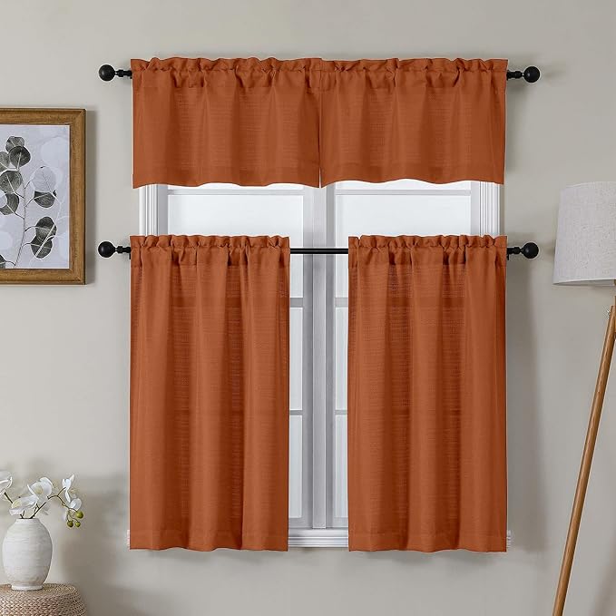 Lecloud Bessie Orange Short Curtains 24 Inch Length 2 Pcs, Faux Linen Kitchen Small Curtains with Rod Pocket, Light Filtering Curtain Tiers Window Treatments for Bedroom Bathroom, Each 30 W x 24 L