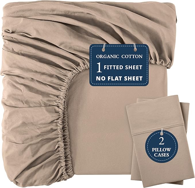LANE LINEN 100% Organic Cotton Fitted Sheet Queen (+Pillowcases), Soft & Comfy Breathable Naturally Cooling Low Pill Oeko Tex Certified Fitted Sheet Queen Deep Pocket 15" - Taupe