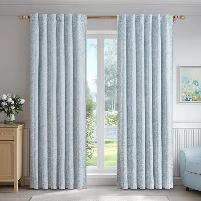 Beauoop Blue Floral Jacquard Blackout Curtains 63 Inches Long 2 Panels for Bedroom Living Room Chenille Flower Room Darkening Thermal Insulated Soundproof Rod Pocket Back Tab Window Drapes, 52x63