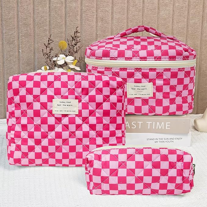 Cozomga Quilted Makeup Bag, Large Capacity Travel Cosmetic Bag for Women and Girls, Aesthetic Storage for Daily and Travel Use (3pcs-PinkChecker)