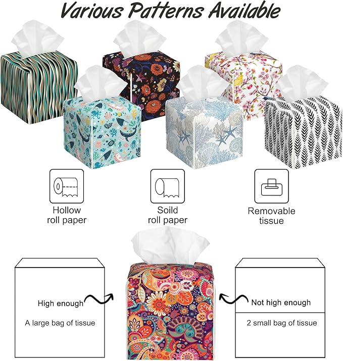 Paisley Floral Tissue Box Cover,PU Leather Tissue Box Holder Square,Modern Home Decoration for Bathroom Living Room Kitchen Office Car,5.2"×5.2"×5.2"