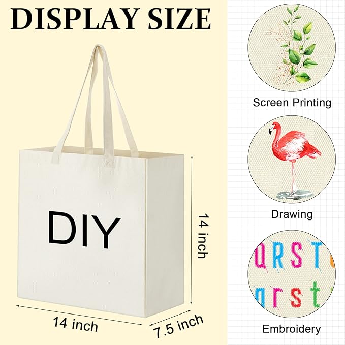 Reginary 12 Pack Canvas Grocery Bag Large Blank Shopping Tote Bags Reusable Pouches Bulk with Handle, 14 x 14 x 7.9''