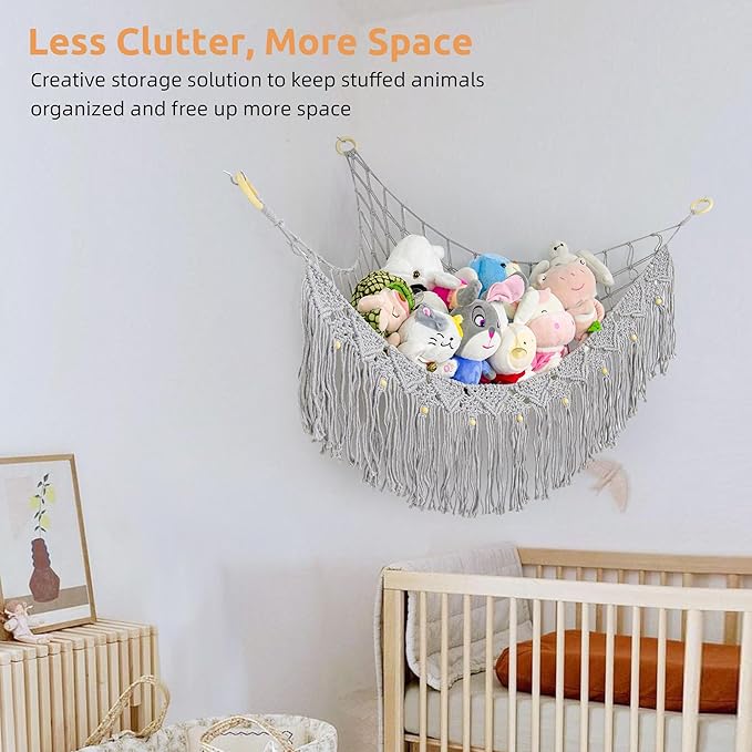 Large Stuffed Animal Hammock, Stuffed Animal Storage Toy Hammock Net for Stuffed Animals Corner, Plushie Net Hammock Toy Organizer for Boho Playroom Baby Nursery Decor