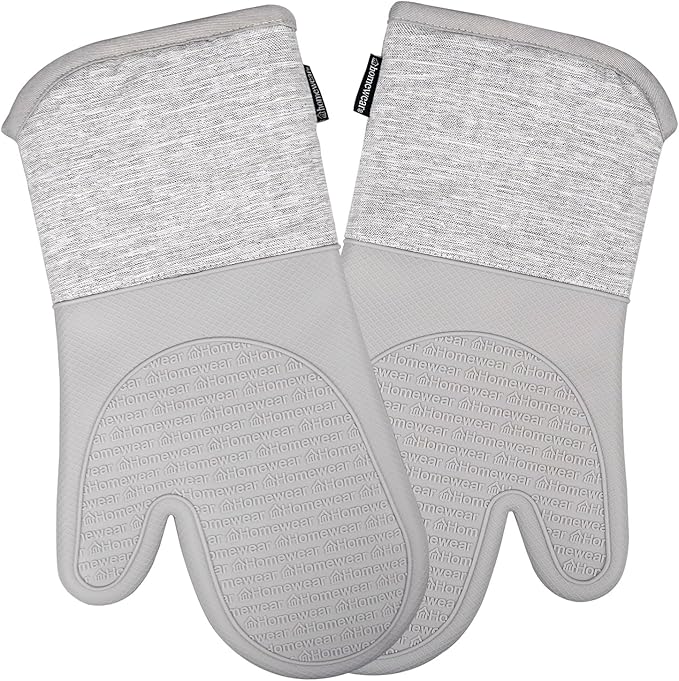 Homewear Marlow Silicone Extra Long Oven Mitt 2 Piece Set, Heat and Slip Resistant, Recycled Cotton with Soft Lining, Thick Kitchen Gloves for Cooking, Grey