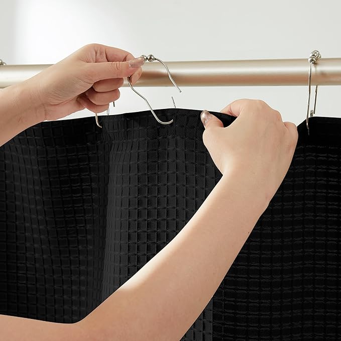 Indecor Home Luxury Waffle Weave Shower Curtain Elegant Hotel Style Fabric for Bathroom, Water Repellent, Machine Washable Black Waffle