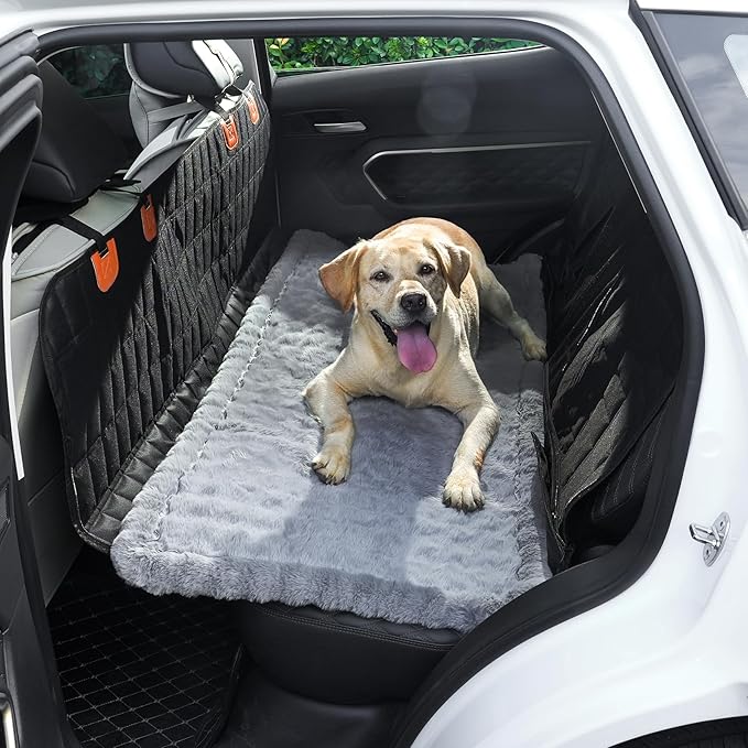 AEEISHOMEREFORM Dog Car Seat Cover for Back Seat, Plush Dog Bed Mat for Car, Fit for Backseat Extenders, Travel Pet Mat, Nonslip Soft Pet Pad for Cars Trucks and SUVs (Light Gray, 24.8x54 inch)
