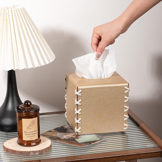 Tissue Box Cover PU Leather Tissue Holder Square Decorative Home Decor Cube Boxes for Bathroom, Kitchen, Nightstand, Office Desk Essentials, Gold