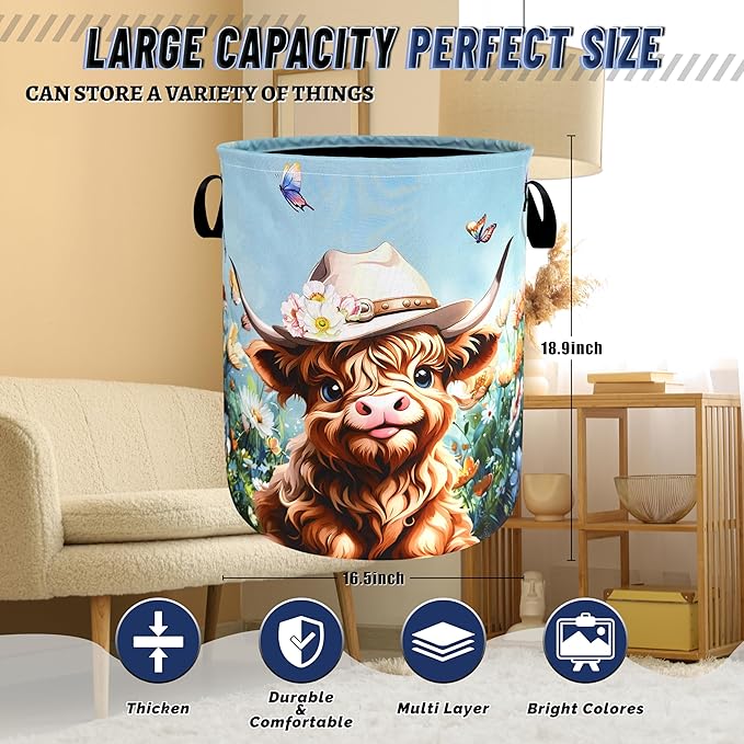 Cute Highland Cattle Laundry Hamper Foldable Oxford Cloth Animal Floral Cows Laundry Basket With Handle Portable Clothes Storage Basket Laundry Bag 18.9"x16.5" For Laundry Room/Bedroom/Bathrooms