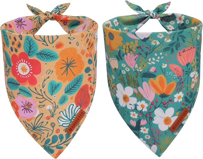 ADOGGYGO Floral Dog Bandana, Orange Green Flower Pet Scarf, Adjustable Fit Floral Bandanas for Small Dogs Pets (Small)