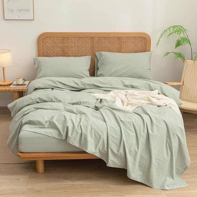 BESTOUCH Sheet Set 100% Washed Cotton Linen Feel Super Soft Comfortable Chic Lightweight 4 Pcs Home Bedding Set Solid Sage Green Queen