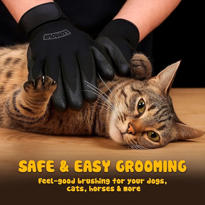Lumova Dog Grooming Gloves – Shedding Gloves for Dogs, Cats & Horses – Pet Grooming Glove & Hair Remover – Dog Brush Glove for Bathing, Deshedding & Massage Mitt– Adjustable Fit (Blue&Black)
