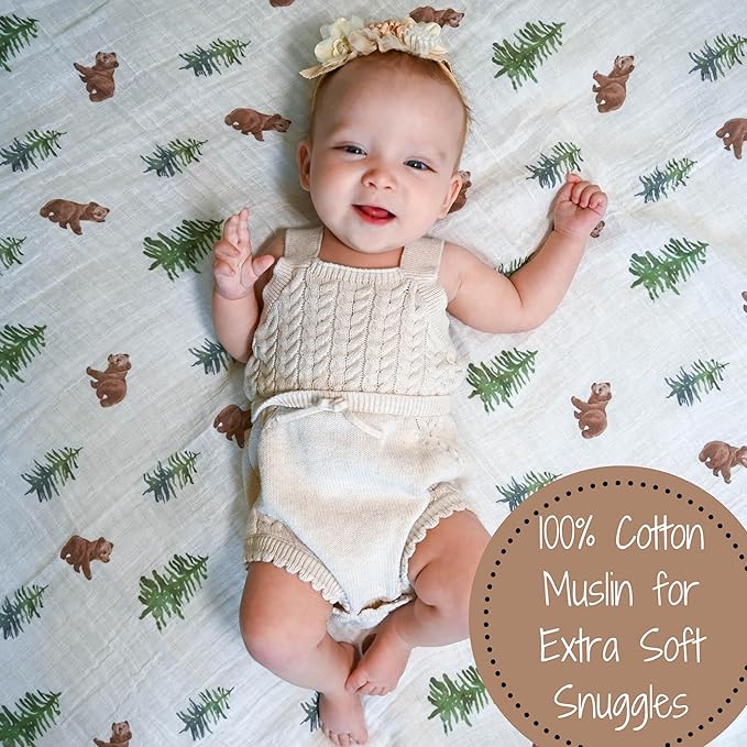 LollyBanks Swaddle Blanket, 100% Cotton Muslin Swaddle Blankets for Boys and Girls, Large 47 x 47 Inches Newborn Swaddle Receiving Blanket, Breathable Baby Blanket, Registry (Baby Bear Cub Theme)
