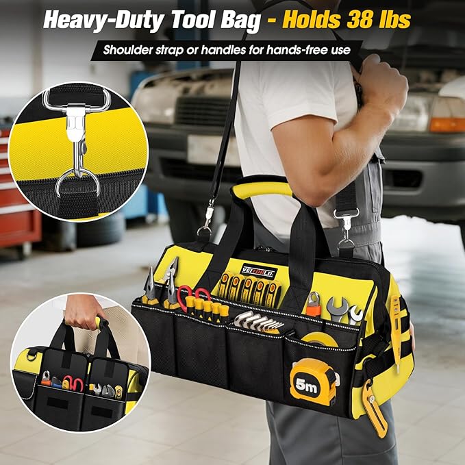 16-Inch Heavy Duty Tool Bag, 19-Pockets Tool Box Organizer, Portable Toolbag W/Soft Handle, Organized Storage, Mechanic Gifts for Him Men Husband Valentines Day, Wide Mouth Electrician Toolbox, Yellow