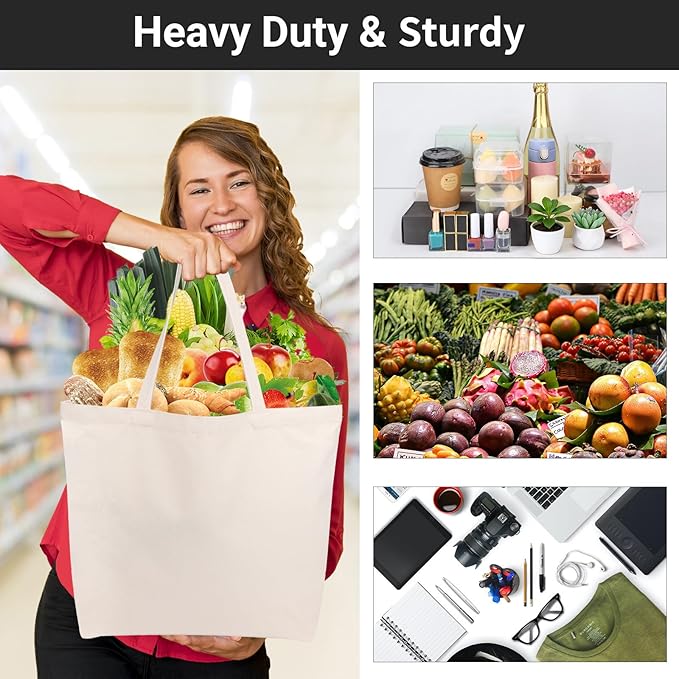 Segarty Canvas Tote Bag with Zipper, 3 Pack 18x15 Blank Canvas Bags for Women, Reusable Tote Bags Aesthetic with Natural Cotton Cloth Shoulder Strap, Bulk for DIY Grocery Beach Travel Gift