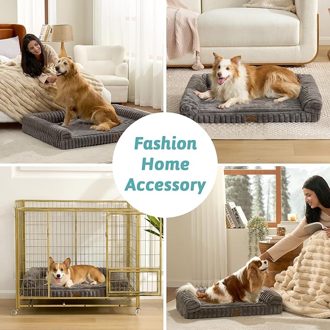 COZY KISS Cute Dog Bed for Large Dogs, Faux Rabbit Fur Orthopedic Foam Dog Bed with Sides, Removable Washable Cover & Waterproof Lining, Comfortable Pet Couch, Grey (44" L x 32" W x 7" Th)