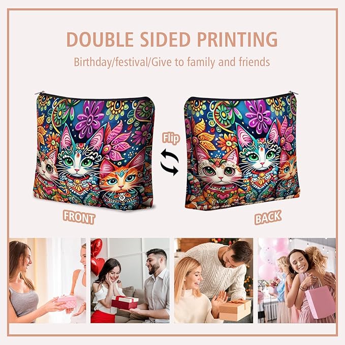 Girlly Bohemian Cat Mom Makeup Bag Valentines Day Gift: Cute Boho Cats Themed Cosmetic & Toiletry Organizer Pouch For Daughters, Sisters, Friends,Teen Girls & Women.Ideal Gift For Travel, Birthdays.