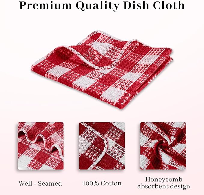 Blue Needles Waffle Weave Check Plaid Dish Cloths, 12x12 Inches 100% Cotton Set of 8 Dish Towels for Kitchen, Ultra Soft & Absorbent Kitchen Towels for Quick Drying Spring Summer - Burgundy & White