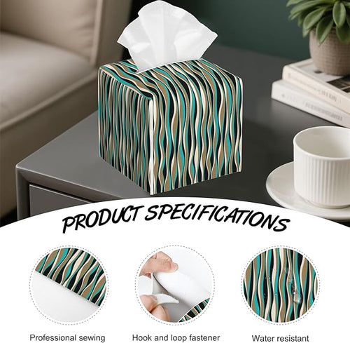 Abstract Geometric Wavy Lines Tissue Box Cover,PU Leather Tissue Box Holder Square,Modern Home Decoration for Bathroom Living Room Kitchen Office Car,5.2"×5.2"×5.2"