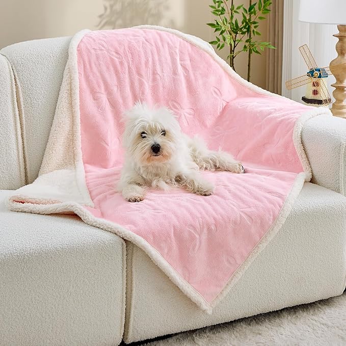 Qeils Pet Blankets for Cats - Waterproof Cat Blanket Washable - Sherpa Fleece Puppy Blanket, Soft Plush Reversible Throw Protector for Bed Couch Car Sofa, 30"X40", Pink Bows