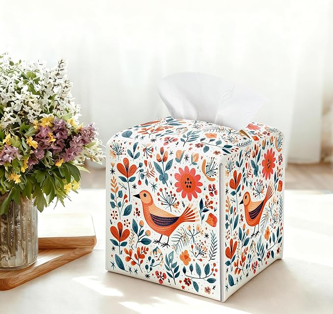 Floral Bird Tissue Box Holder, Scandinavian Leather Tissue Box Cover Square, Paper Napkins Everyday Dispenser for Bathroom Vanity Countertop Night Stands Kitchen Office Car Home Decor