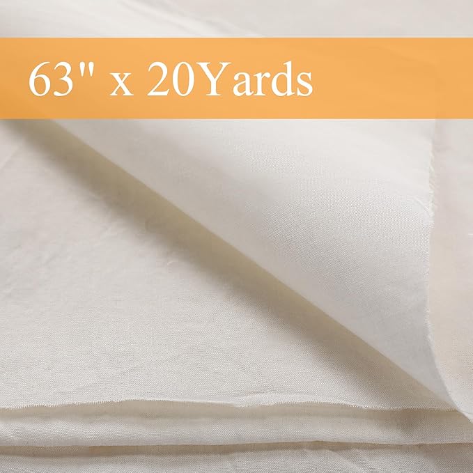 VitalCozy 63'' x 20 yd Unbleached Cotton Muslin Fabric Textile Wide Polyester Cotton Linen Material Embroidery Muslin Quilting Fabric by Yard for Sewing Apparel Painting(Beige)