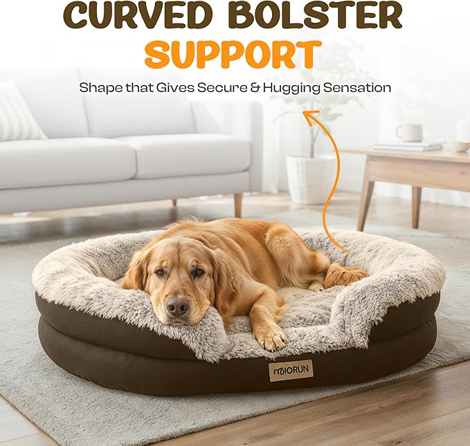 Miorun Fluffy Orthopedic Dog Bed for Extra Large Dogs, Calming Plush Sofa Bed with Curved Bolster Support and Egg-Crate Foam Base, 48" Cozy Oval Pet Donut Bed with Washable Cover, Coffee