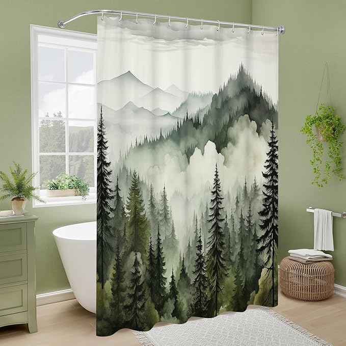 Litabel Dark Green Extra Long Misty Pine Forest Shower Curtain 72 x 84, XL Mountain Foggy Woodland Scenery Tree Shower Curtains for Bathroom, Abstract Waterproof Nature-Themed Decor