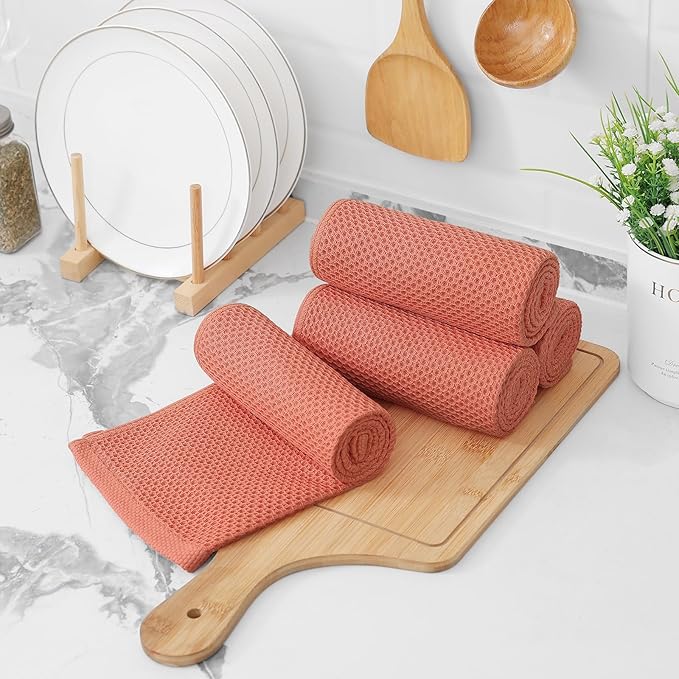 Kitinjoy 100% Cotton Waffle Weave Kitchen Towels, 4-Pack Super Soft and Absorbent Dish Towels for Drying Dishes, Kitchen Hand Towels, 13 in x 28 in, Coral