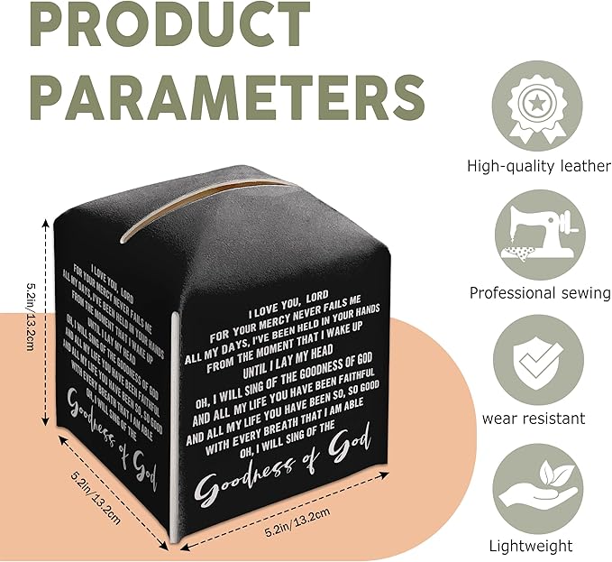 Christian Decorative Tissue Box Cover Square, Black Tissue Box Cover Leather, Inspirational Quote Gift Ideas for Family Friends, Goodness of God Decor for Bathroom Office-(5.2 Inches)
