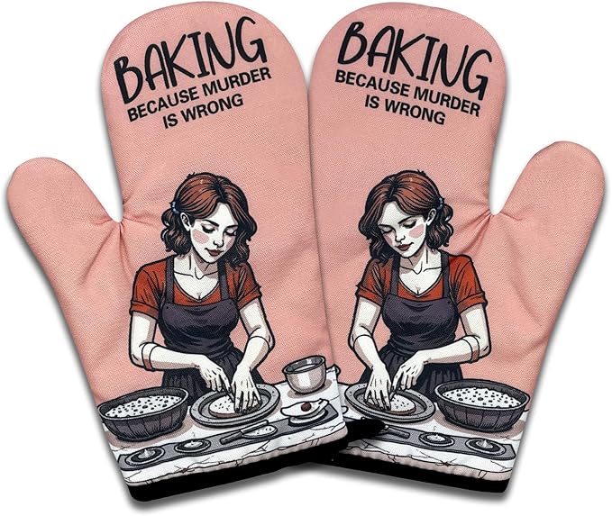 2 Pack Funny Bake Lover Oven Mitts, Baking Because Murder is Wrong, Vintage Lady Heat Resistant Mitts, Humorous Baking Gifts for Mom Wife, Birthday Gifts for Women Hostess Chef Friend Baker