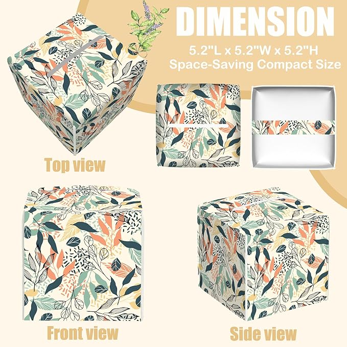 BLYKVGHQ Boho Leaves Tissue Box Cover Square, Tissue Box Holder with Bottom Belt Leather Facial Paper Organizer Dispenser for Bathroom Bedroom Dresser Night Stand Tabletop