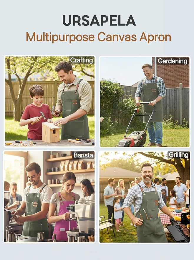 Canvas Work Apron for Men Women with 3 Pockets Heavy Duty Crossback Kitchen Chef Aprons for Cooking Grilling Barista