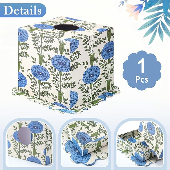 Ferrochef Blue Paper Mache Tissue Box Cover Floral Print Tissue Box Decorative Square Napkin Holder for Grand Millennial Home Bedroom Countertop Night Stands Office Country Decor