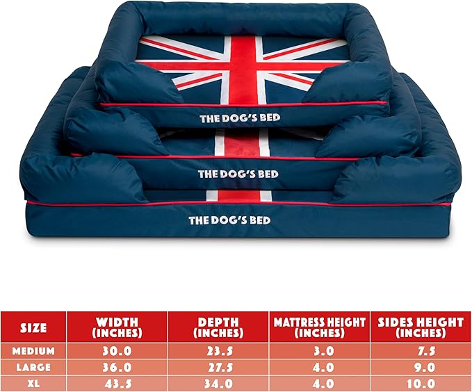 The Dog's Bed Replacement Outer Cover ONLY (NO Bed, NO Waterproof Inner) for The Dog's Bed, Washable Oxford Fabric, Large (Blue with Red Piping UK Flag Embroidery & Centre Flag) Veterinary Approved