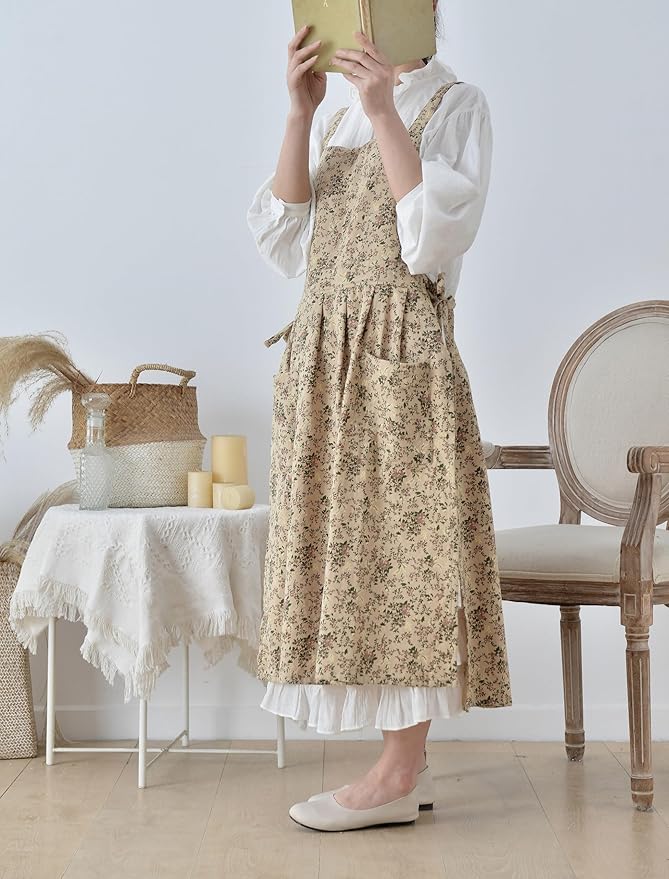 Japanese apron Women-Cross Back Apron for Women with Pockets, Pinafore Aprons, Womens Cotton Linen Apron
