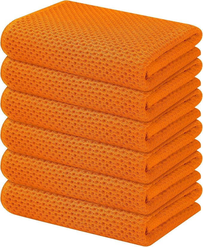 Kitinjoy 100% Cotton Waffle Weave Kitchen Towels, 6-Pack Super Soft and Absorbent Dish Towels for Drying Dishes, Kitchen Hand Towels, 13 in x 28 in, Orange