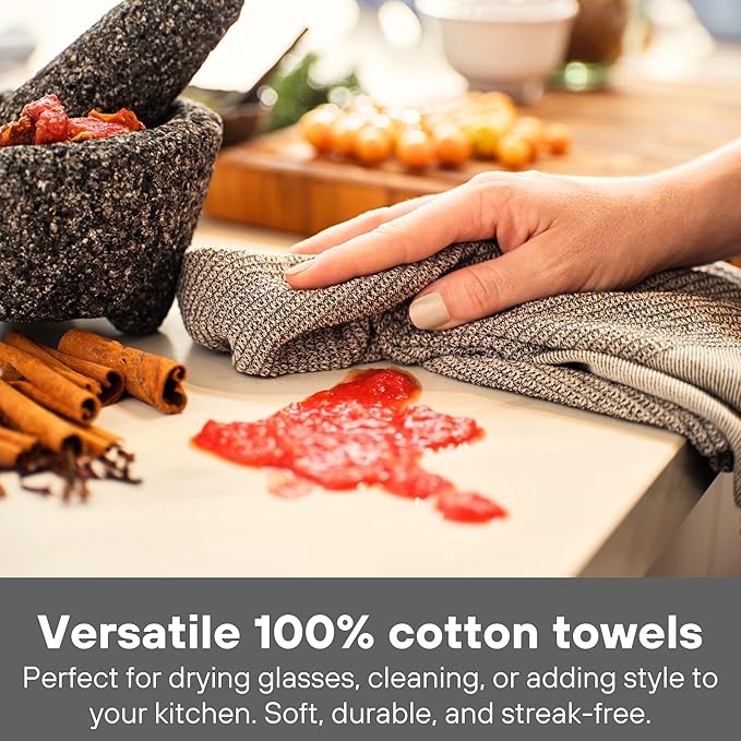 MEEMA Kitchen Towels and Dishcloths Sets of 4 | Large 18 x 28 Inch | Upcycled Cotton Tea Towels for Kitchen | Super Absorbent Cotton | Charcoal | Hand Towels
