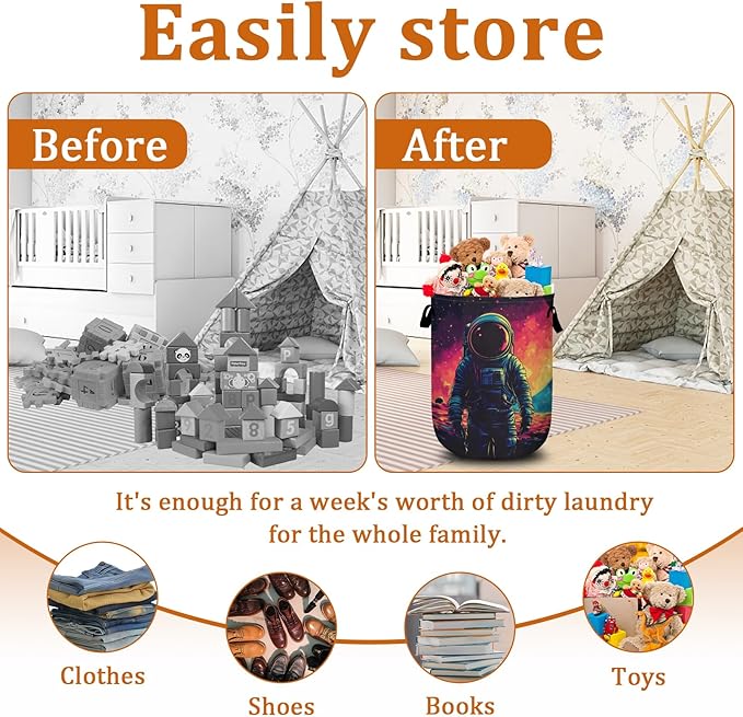Astronaut Laundry Basket with Sturdy Handles, Universe Planet Collapsible Oxford Cloth Laundry Hamper Organizer Basket for Bathroom Bedroom 15.7x20 Inch
