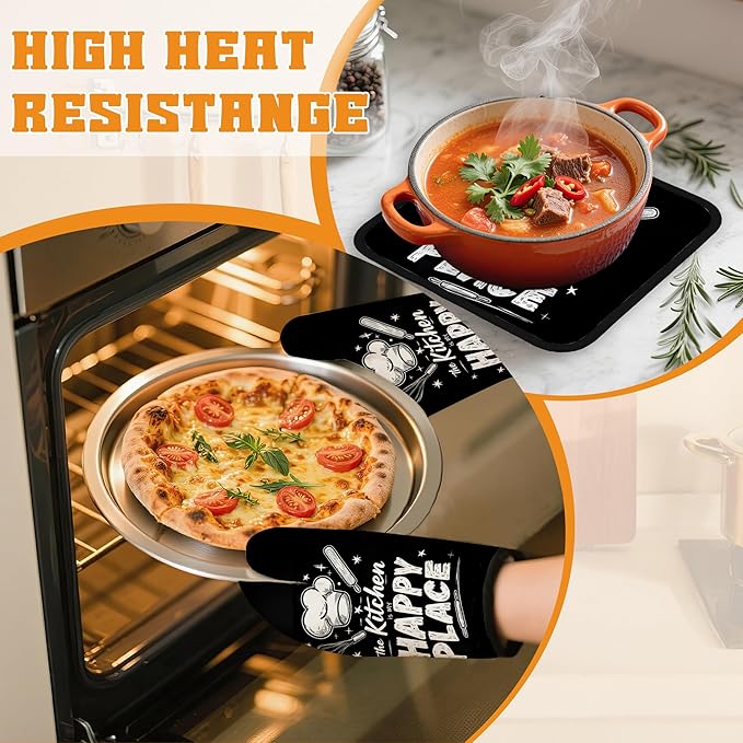 Funny Oven Mitts and Pot Holders Set,The Kitchen is My Happy Place Kitchen Decor Heat Resistant Non Slip Hot Pads and Oven Mitt for Chef Cooking Baking BBQ Mom Girl Gifts(4 Piece Set)