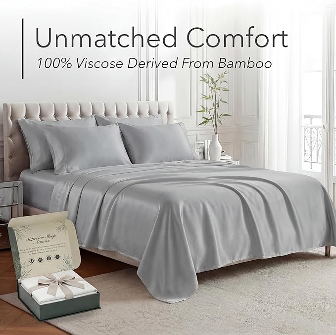 DECOLURE 100% Viscose Derived from Bamboo Sheets King Size - Luxury 6 Pc Naturally Cooling Sheets, Ultra Soft Bed Set - Deep 17" Pockets, Durable Double Stitching, Oeko Tex Standard (Light Grey)