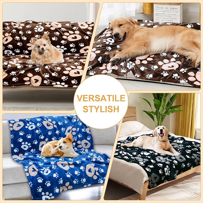 Gowyeg Premium Dog Blankets for Large Dogs & Cat Flannel Blanket Washable, Soft Pet Throw Cover for Kennel Crate Bed, Cute Paw Pattern, 41x31 inch,Blue/Black/Brow